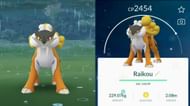Shiny Raikou receiving a Weather Boost in Pokemon GO from stormy weather (Image via YouTube user Ultimate Sachin)